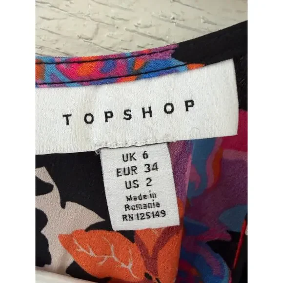 Topshop Floral Midi Wrap Dress Long Sleeve Black Pink Orange Belted Size US 2 - Picture 5 of 9